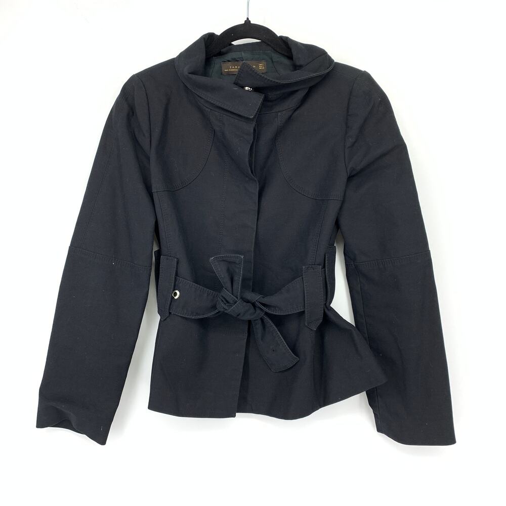Zara Woman Belted Coat Womens Sz S Black Fold Over Neck